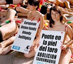 Semi-naked anti-bullfight protest at EU parliament