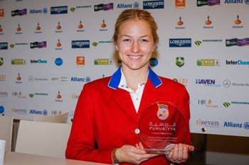 Lucy Davis the winner of the Furusiyya Rider of the Day award at Rotterdam