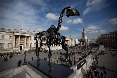 Esqueleto de cavalo colocado no quarto pedestal da Praça Trafalgar em Londres (VÍDEO)